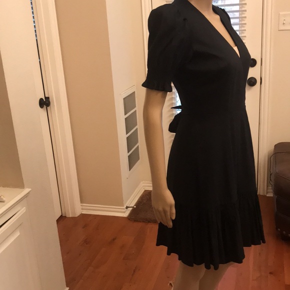 Antonio Melani Black Linen Surplice V-Neck Short Puff Sleeve Wrap Tie Dress - Picture 3 of 10